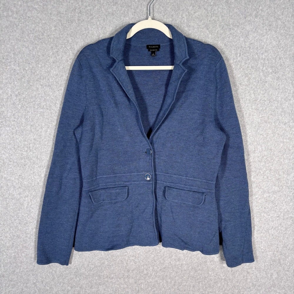 Talbots 100% Merino Wool Sweater Blazer‎ Medium Blue Minimalist Cardigan Jacket